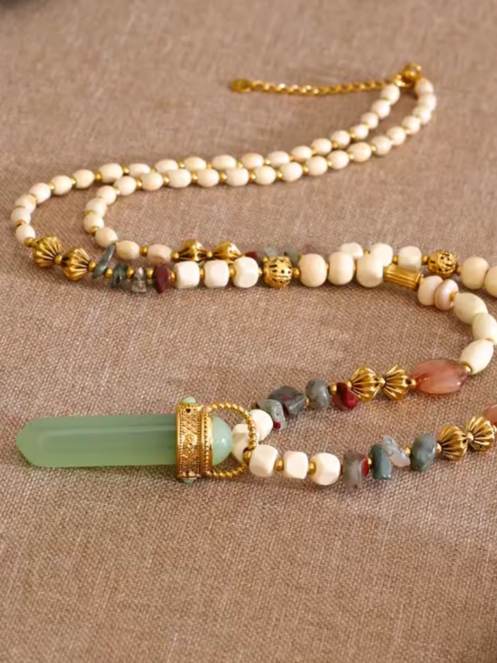 Green Jade Beaded Artisan Long Necklace - Picture 15 of 15